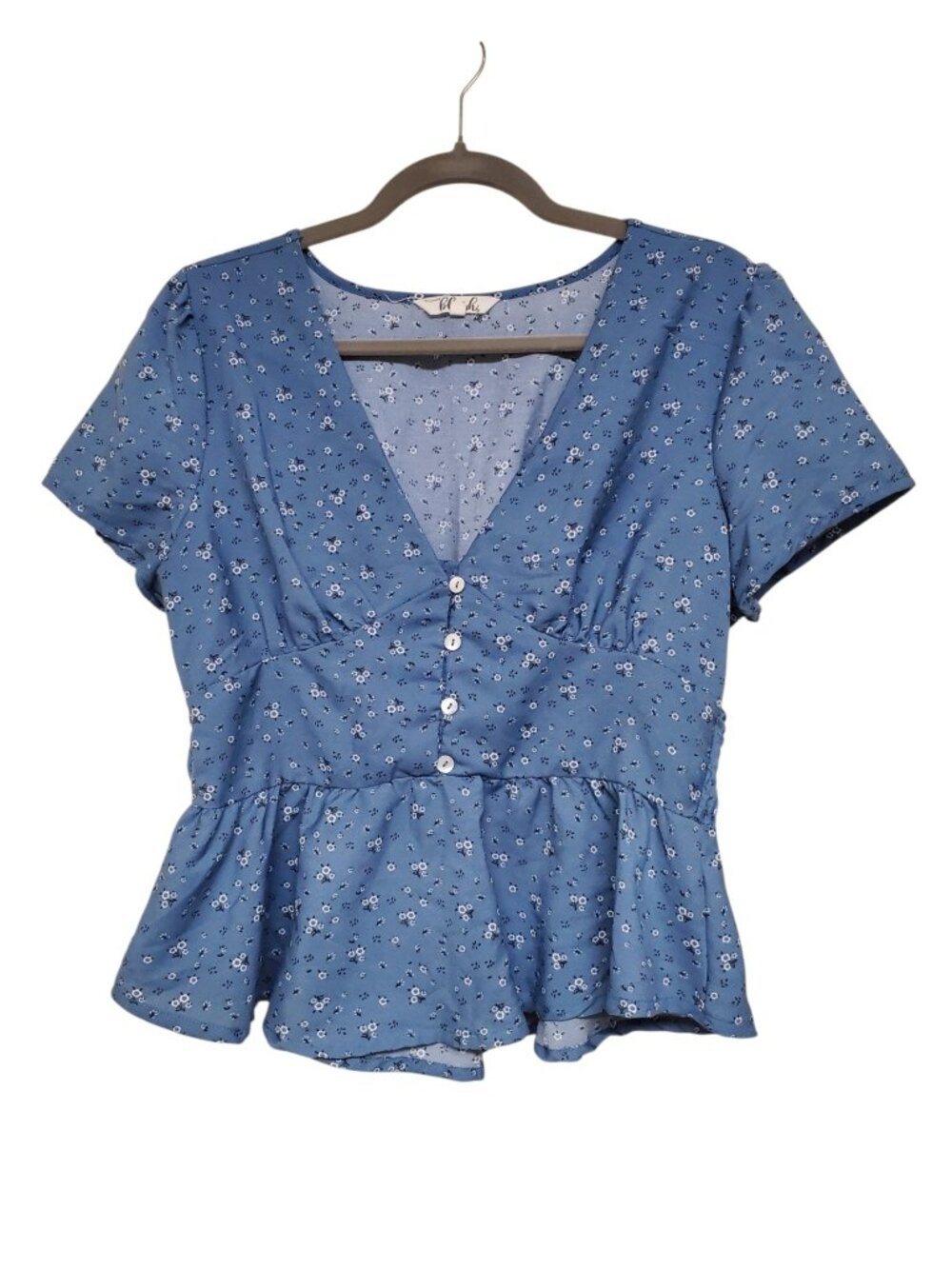 Blush Junior's Blue Floral Coquette Dainty Cottagecore Boho Peplum Top Size L
